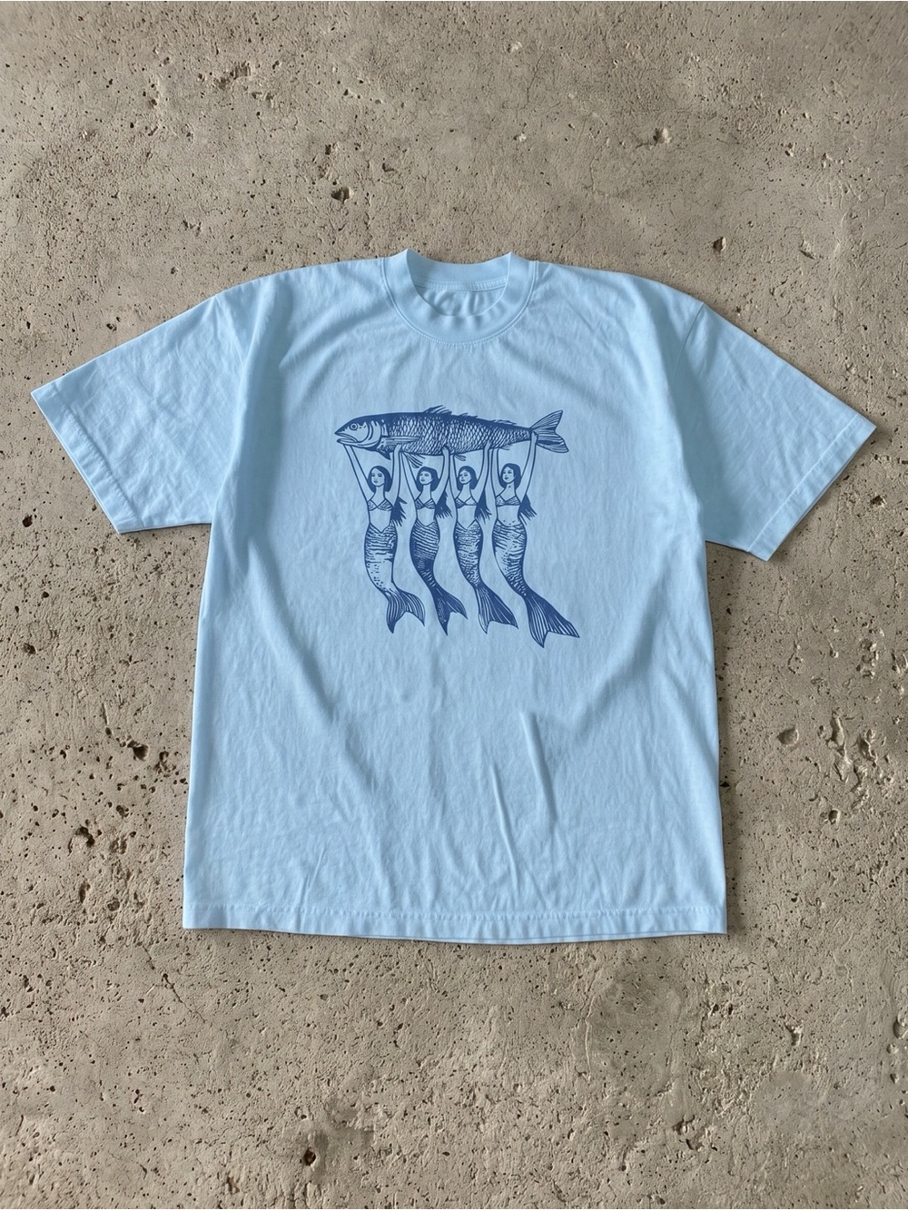 Quirky Linocut Mermaids Carrying Giant Fish Nautical Light Blue Graphic T-Shirt